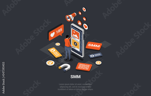 Social Media Marketing And Online Promotion. Professional SMM Manager Develop Successful Strategy, Marketing Funnel, Lead Generation, Research And strategy Planning . Isometric 3D Vector Illustration