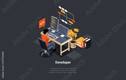 Software Development Coding Process Concept. Programer or Web Developer Coding on Computer. Screen With Code, Script and Open Windows. Coder Engineer At Workplace. Isometric 3d Vector Illustration photo