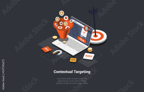 Contextual Targeting, Ppc Online Advertising Concept. Marketing Context Campaign With Laptop, Funnel, Ads, Arrow And Profit Icons. Analytics, Strategy, Profit Growth. Isometric 3d Vector Illustration