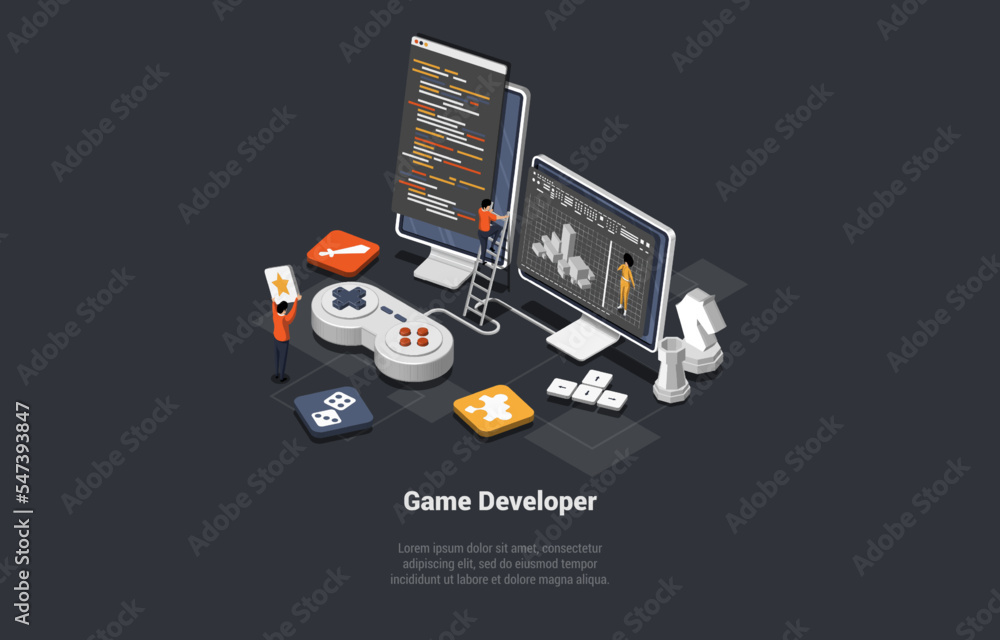 Concept Of Game Development. Creative People Developers In Process Of Create And Develop A Computer Video Game Design. Digital Technology, Programming and Codding. Isometric 3d Vector Illustration Concept Of Game Development. Creative People Developers In Process Of Create And Develop A Computer Video Game Design. Digital Technology, Programming and Codding. Isometric 3d Vector Illustration