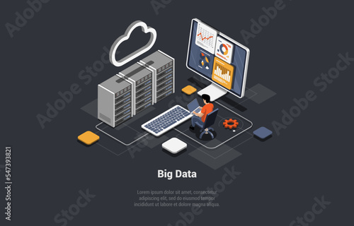 Big Data Center Concept. Server Room With Hardware Racks or Web Hosting Infrastructure. Character Controls of Working Big Data Storage and Cloud Computing Technology. Isometric 3d Vector illustration