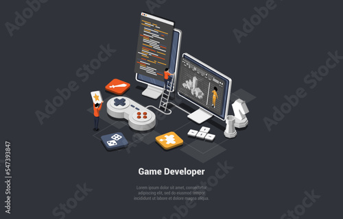 Concept Of Game Development. Creative People Developers In Process Of Create And Develop A Computer Video Game Design. Digital Technology, Programming and Codding. Isometric 3d Vector Illustration