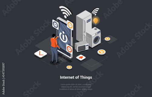Concept Of Smart Home Technologies, Internet Of Things and Machine Interface. Man Male Character Controls the Operation of Household Appliances Using a Smartphone. Isometric 3d Vector Illustration