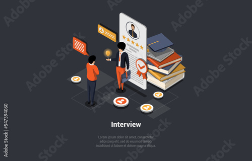 Interview Concept. Journalist Interviews Well-Known Media Personality. Businessmen Discuss New Startup Or Business Idea. Business Conversation Of Two Success People. Isometric 3d Vector Illustration