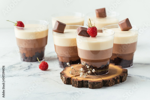 Layered dessert Trifles in a transparent glass.  Sponge biscuit and three chocolate mousse layers. Chocolate souffle trifle cake in individual disposable transparent cups. White background photo