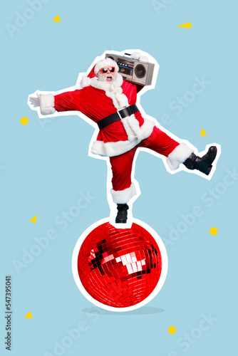 Vertical collage portrait of overjoyed positive aged santa carry boombox stand dance big newyear decor toy ball isolated on creative background