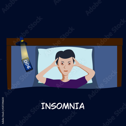Sleepless person hostile to insomnia. An awake guy with possible eyes lies on the bed. A man cannot sleep under the covers thinking about his problem
