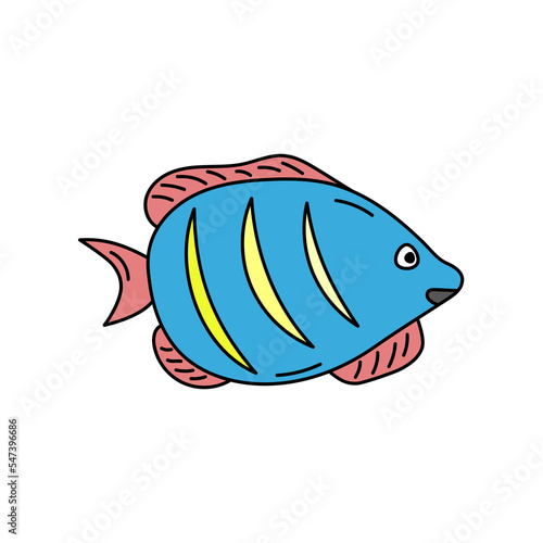 Cute doodle exotic fish. Funny colorful fish isolated. Vector illustration of cartoon outline sea animal. Wild marine life in hand drawn style