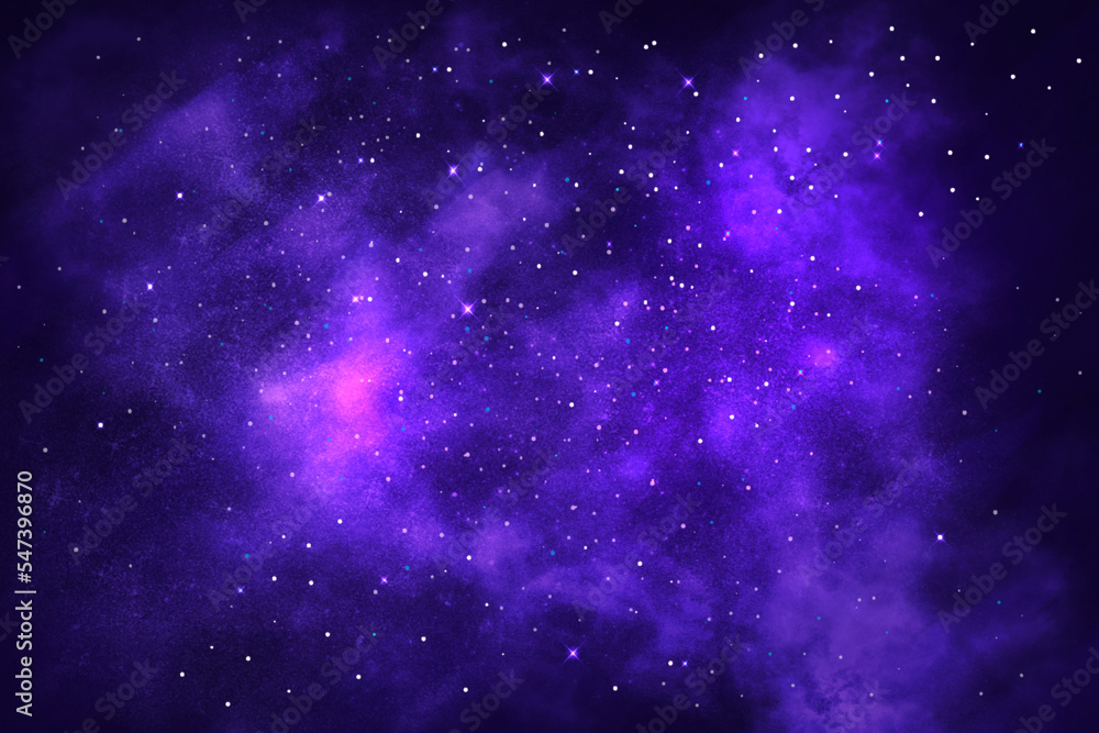Space background with stardust and shining stars. Realistic colorful cosmos with nebula and milky way. Purple galaxy background. Beautiful outer space. Infinite universe. Vector illustration