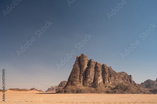 Seven Pillars of Wisdom or Jabal al-Mazmar Mountain in the Desert of Wadi Rum, Jordan