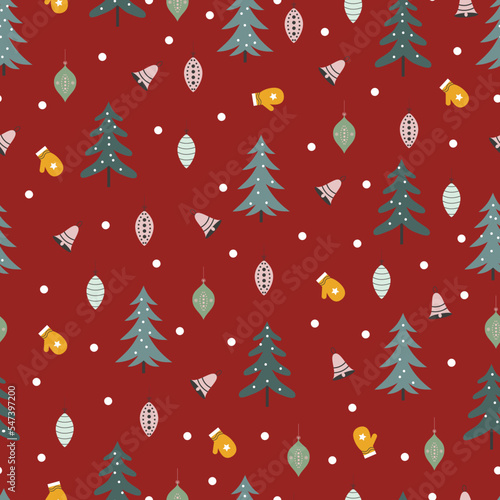Allover holly jolly Christmas seamless surface pattern. Exquisite arrangements of Xmas ornaments. Christmassy repeat texture