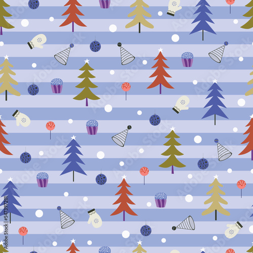 Aesthetic arrangements of holly jolly Christmas trees. Allover print Xmas seamless surface pattern on red horizontal stripes