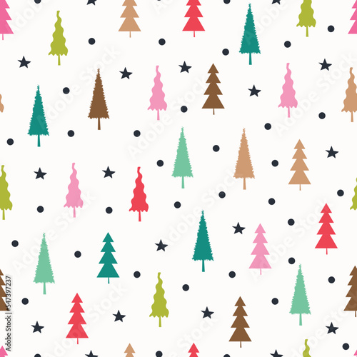 Allover print holly jolly Christmas seamless surface pattern. Aesthetic arrangements of Christmas trees, stars and polka dots