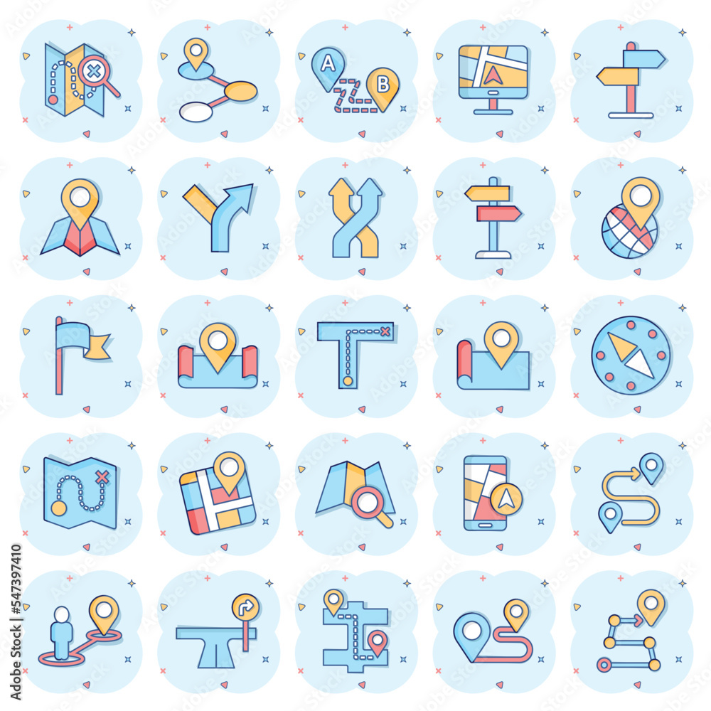 Navigation icon set in comic style. Gps direction cartoon vector illustration on white isolated background. Locate pin position splash effect business concept. Navigation icon set in comic style. Gps direction cartoon vector illustration on white isolated background. Locate pin position splash effect business concept.
