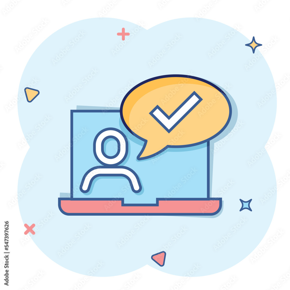 Fototapeta premium People with laptop computer icon in comic style. Pc user check mark cartoon vector illustration on white isolated background. Office manager splash effect business concept.