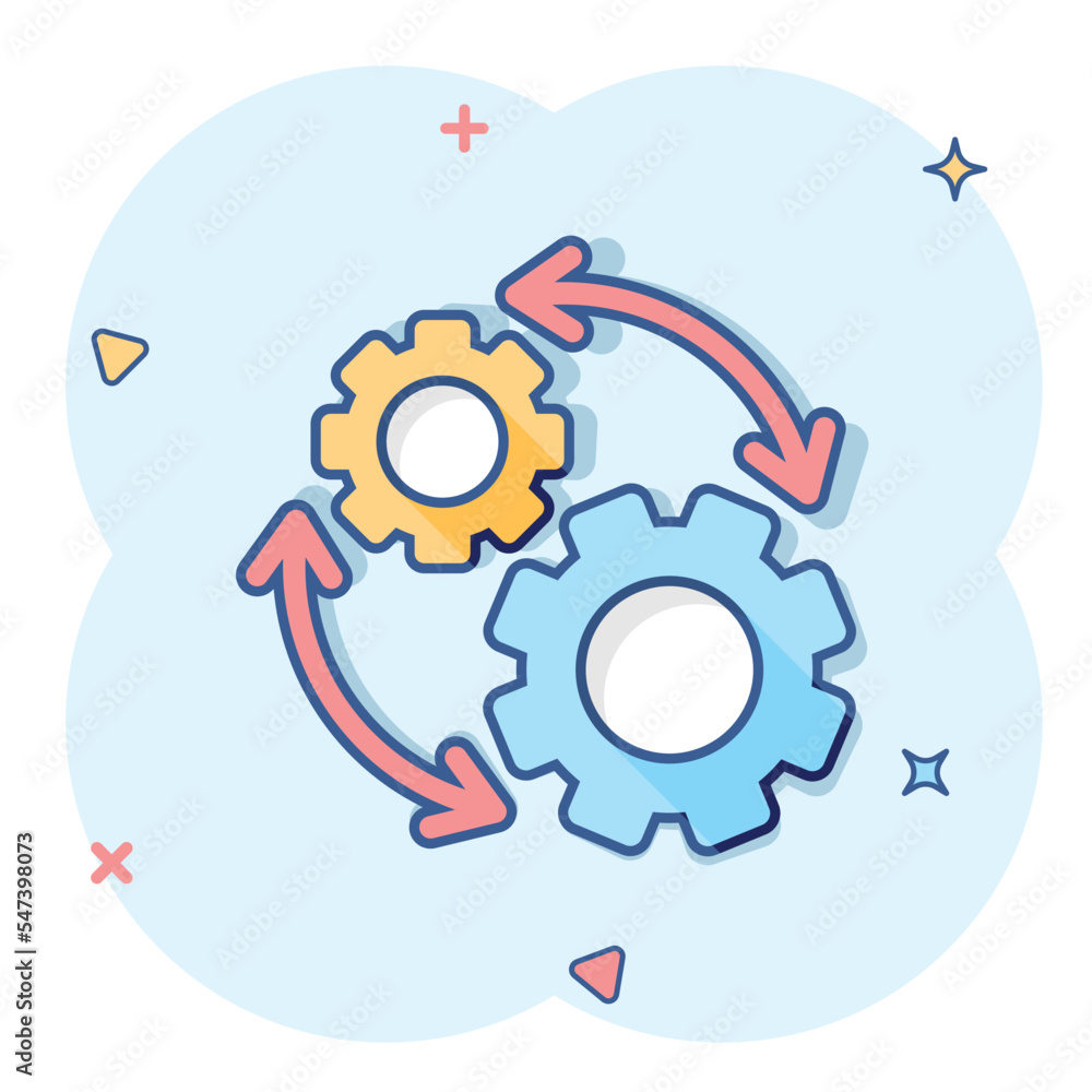 Workflow icon in comic style. Gear effective cartoon vector ...