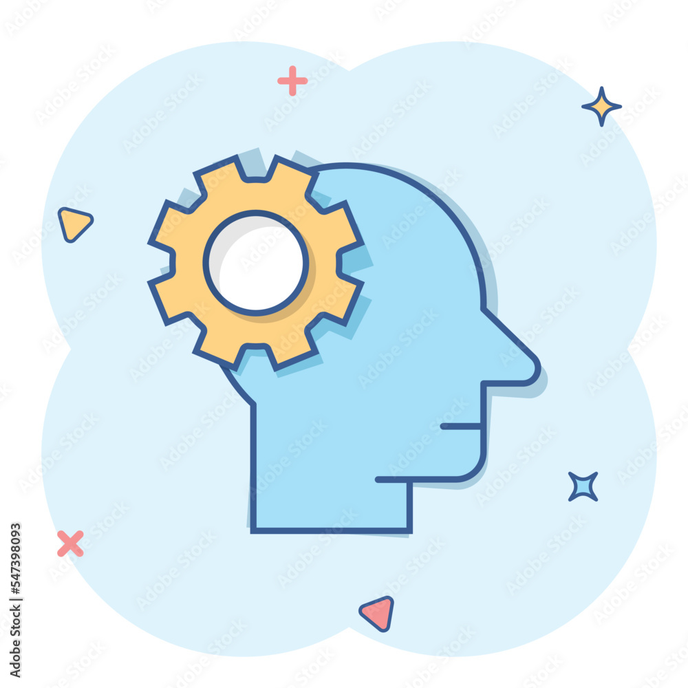 Human head with cogwheel icon in comic style. Technology progress cartoon vector illustration on white isolated background. Face and gear splash effect business concept. Human head with cogwheel icon in comic style. Technology progress cartoon vector illustration on white isolated background. Face and gear splash effect business concept.