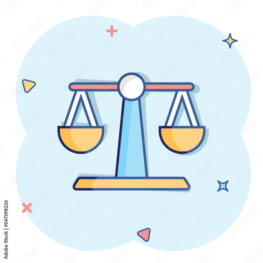 Scale balance icon in comic style. Justice cartoon vector illustration on white isolated background. Judgment splash effect business concept. Scale balance icon in comic style. Justice cartoon vector illustration on white isolated background. Judgment splash effect business concept.