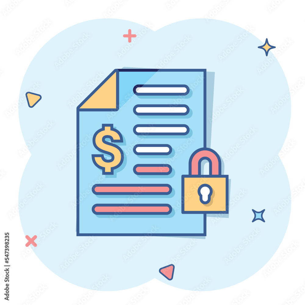 Financial statement icon in comic style. Document with lock cartoon vector illustration on white isolated background. Report splash effect business concept. Financial statement icon in comic style. Document with lock cartoon vector illustration on white isolated background. Report splash effect business concept.
