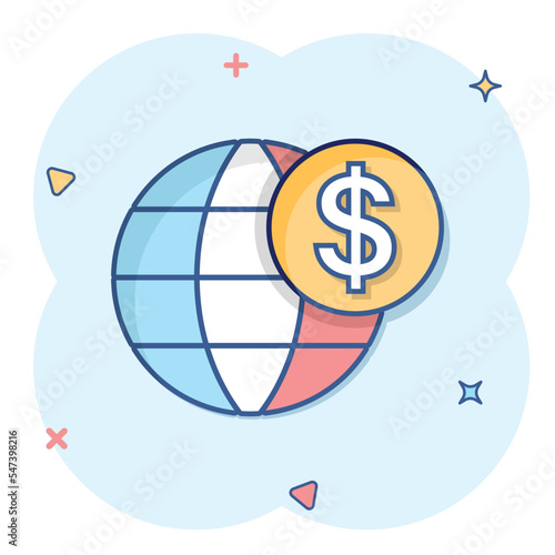 Global business icon in comic style. Money transaction cartoon vector illustration on white isolated background. Banknote bill security  splash effect business concept.