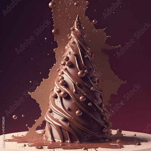 Christmas tree made of milk chocolate, splash of liquid, golden lighting 