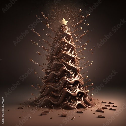 Christmas tree made of milk chocolate, splash of liquid, golden lighting 