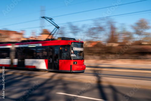 City ​Tram public transport. Tram in motion with blurred background, Nuremberg city, Germany