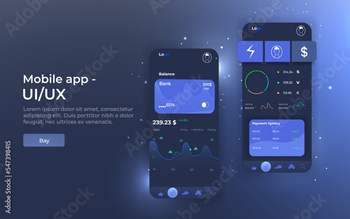 Online statistic, data Analytics and finance and trading mobile app. Smartphone app and UI, UX, KIT presentation mobile application. Analysis trends and financial strategy. Vector illustration