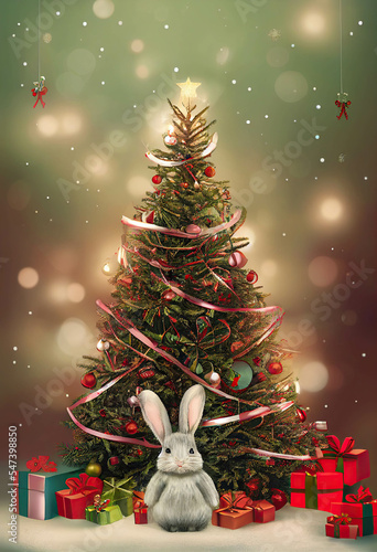 Pretty grey rabbit standing under the decorated Christmas tree with presents, AI generated illustration
