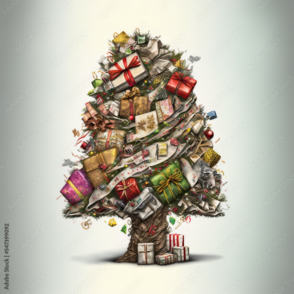 Christmas tree composed of gifts and wraps, 3D style illustration