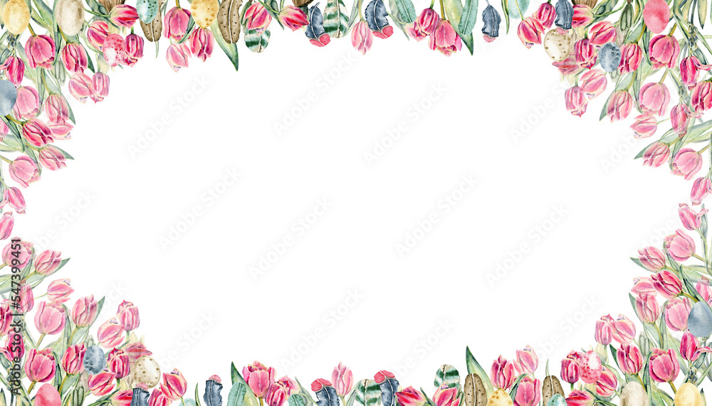 Floral seamless horizontal border with pink flowers, green leaves and plants, tulips. Watercolor pattern on a white background, panoramic illustration of a spring meadow.Perfect for for postcards.