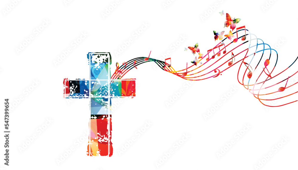 Colorful vibrant Christian cross with musical notes stave isolated. Vector illustration. Religion themed design for Christianity, church service, communion and celebrations. Church choir background	 - obrazy, fototapety, plakaty 