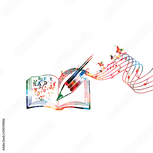 Colorful music writing notebook with musical stave and notes isolated. Vibrant musical staff notebook, guide for songwriters, musicians and composers. Lessons and tips for instrumentalists. Vector