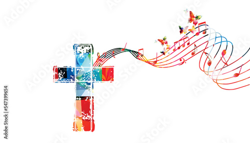 Colorful vibrant Christian cross with musical notes stave isolated. Vector illustration. Religion themed design for Christianity, church service, communion and celebrations. Church choir background	