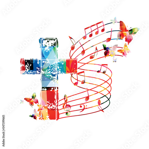 Colorful vibrant Christian cross with musical notes stave isolated. Vector illustration. Religion themed design for Christianity, church service, communion and celebrations. Church choir background	