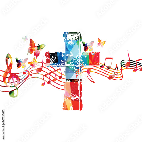 Colorful vibrant Christian cross with musical notes stave isolated. Vector illustration. Religion themed design for Christianity, church service, communion and celebrations. Church choir background	