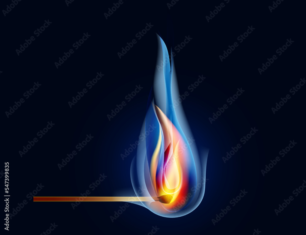 Burning match, with fire, on a dark background. Burning match, with fire, on a dark background.