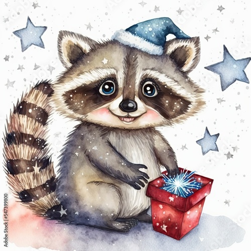 Cute little baby raccoon in winter hat taking red gift, Christmas decoration, watercolor illustration, greeting card design