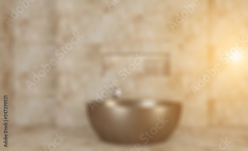 Modern bathroom including bath and sink. 3D rendering.. Sunset.. Abstract blur phototography.