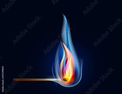 Burning match, with fire, on a dark background.