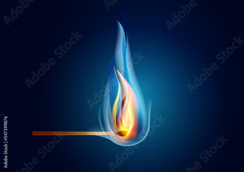 Burning match, with fire, on a dark background.