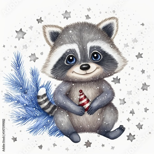 Cute little baby raccoon in winter hat, Christmas decoration, watercolor illustration, greeting card design
