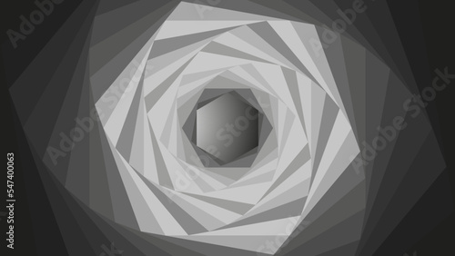A tunnel effect. Light at the end of the tunnel. Background in grey tints. Abstract bg. Vector design. Monochrome background. 