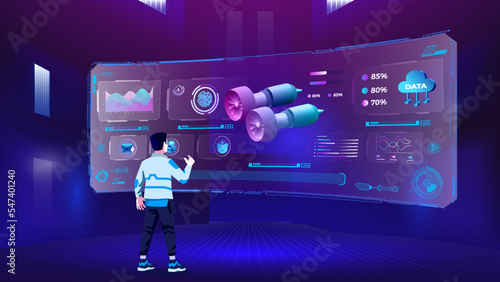A Young Man exploring and visualizing the Jet engine parts, Storage Program, Infographics and Future innovations, and Communication concepts with Metaverse Digital Technology- Vector Design