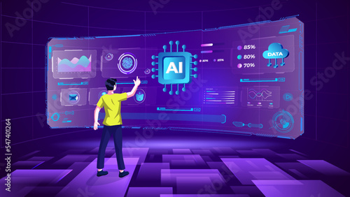 A young man exploring and visualizing the Artificial Intelligence Data Storage Program, Infographics and Future innovations concepts with Metaverse Digital Technology - Vector illustration