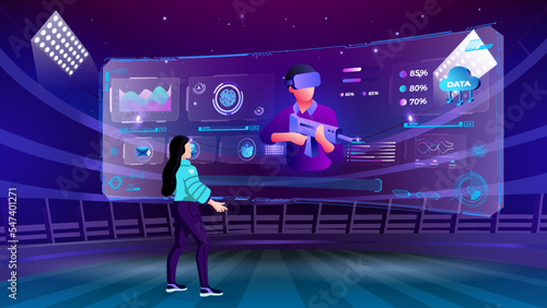 A Young woman exploring and visualizing the Defence technology, Cloud Storage Program, Infographics and Future innovations, and Communication concepts with Metaverse Digital Technology- Vector Design