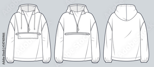 Unisex Hoodie technical fashion illustration. Set of Hoodie Sweatshirt fashion flat technical drawing template, pocket, zip-up, front and back view, white, women, men CAD mockup.