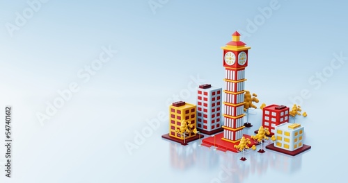 3d illustration England background city with building, tree space and Big ben as landmark