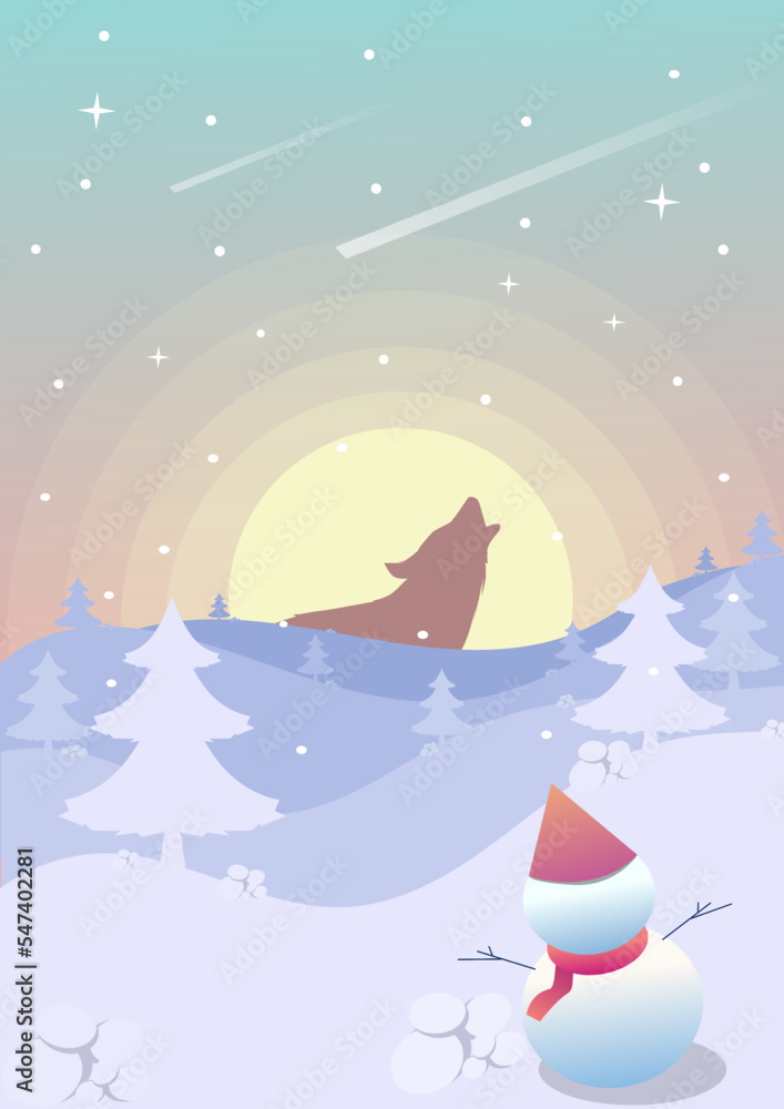 flat wallpaper winter illustration simple ,snowman ,wolf howling