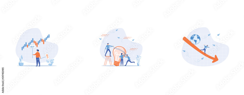 Buy or sell in stock market and crypto currency trading, Brainstorming for new idea, World economic recession, set flat vector modern illustration